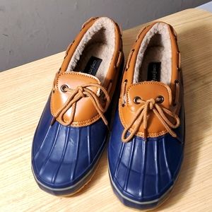 Blue and brown duck boots